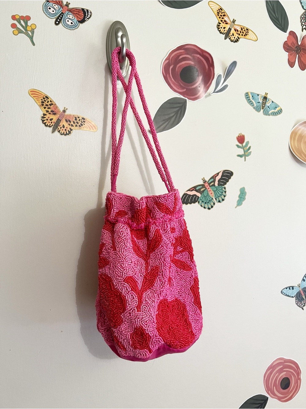 kate spade Pink and Red Beaded Drawstring Bag